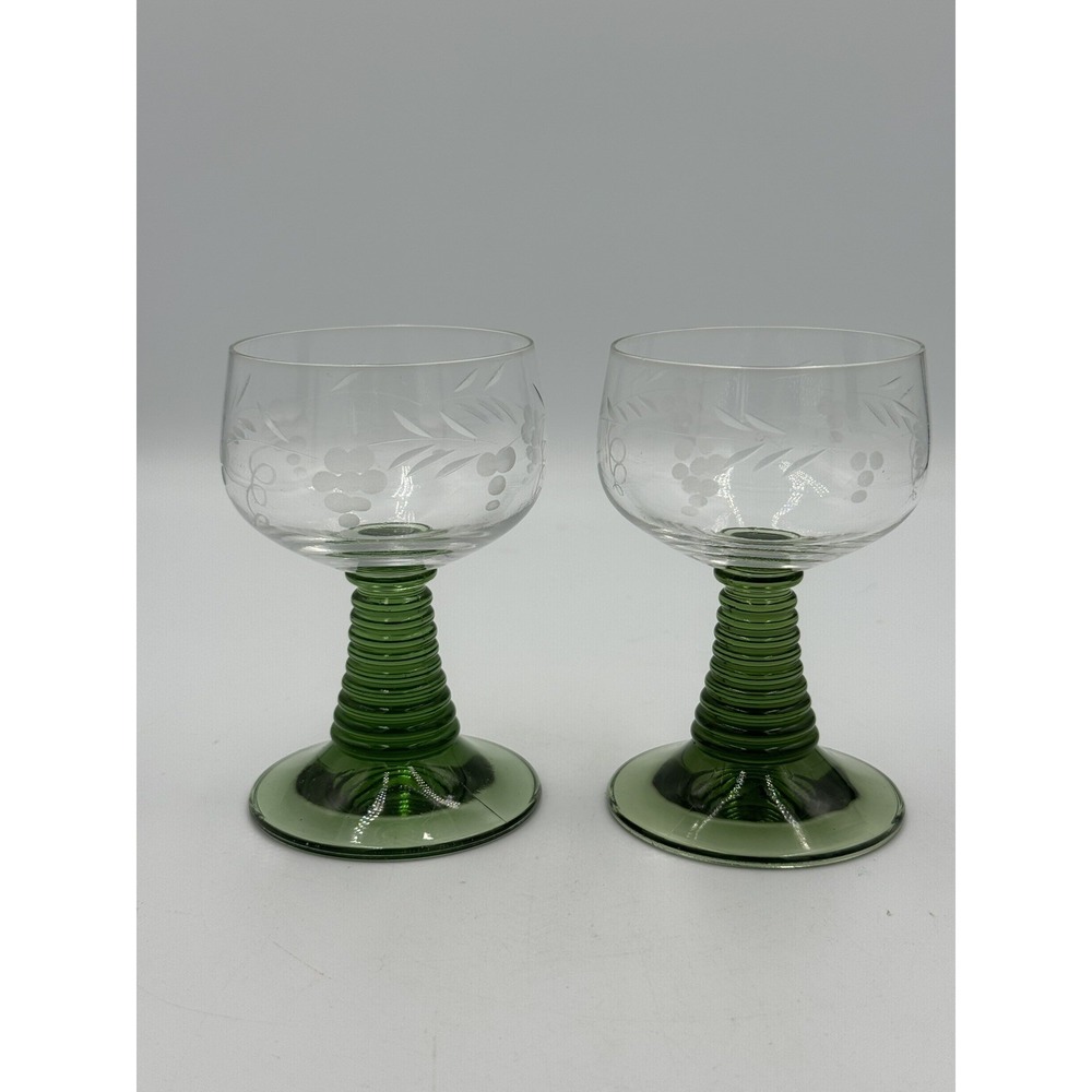 Set of 2 Vintage VCA 0.1 L Etched Grapevine Made in France Green Beehive Stem